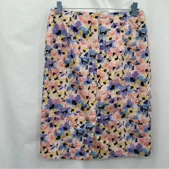 Talbots Women’s Floral Skirt 4 Blue Yellow Pencil Back Slit Zippered Unlined - Picture 3 of 10